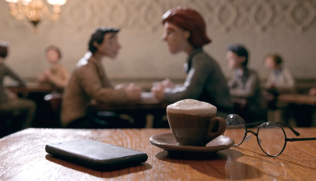 Smartphone auf einem Tisch in einem Wiener Kaffeehaus neben Kaffee und Brille.