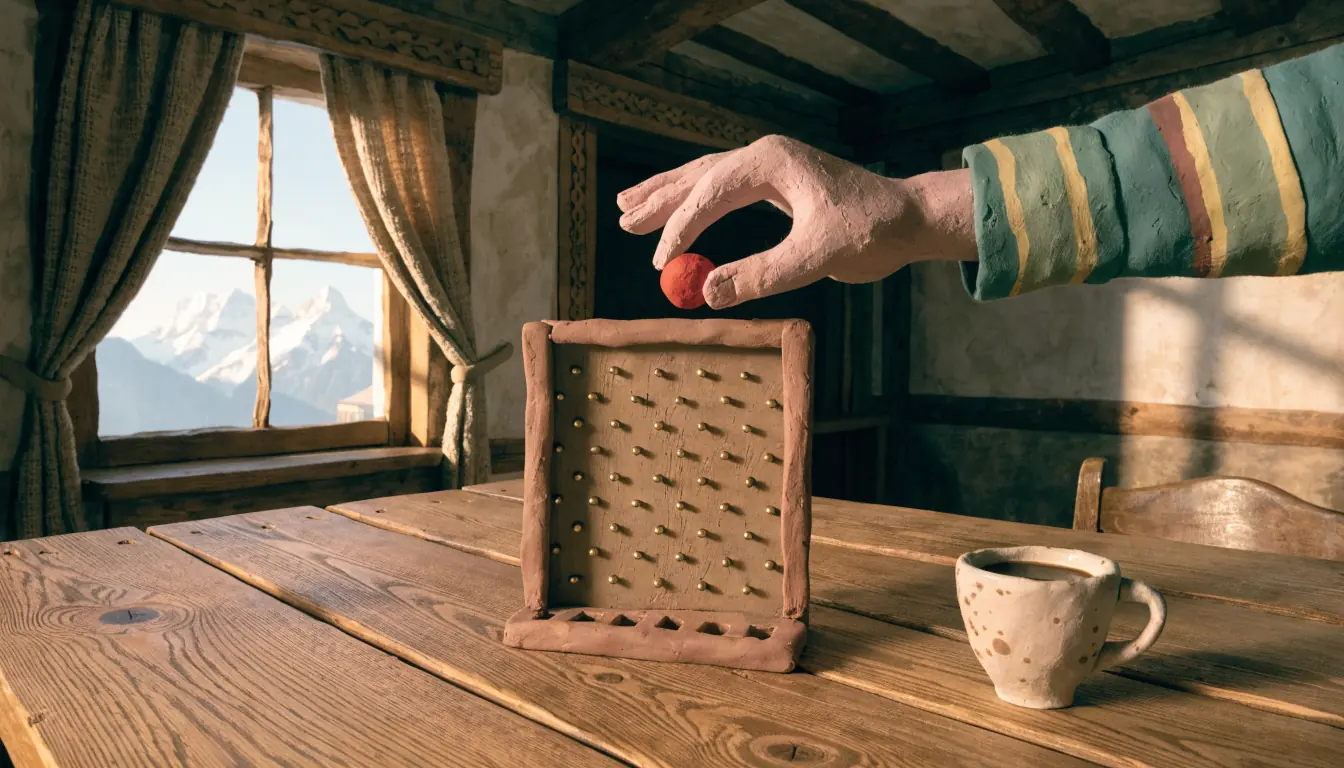 Holz Plinko-Brett mit Messingstiften auf rustikalem Tisch in einem österreichischen Alpen-Chalet mit Bergblick