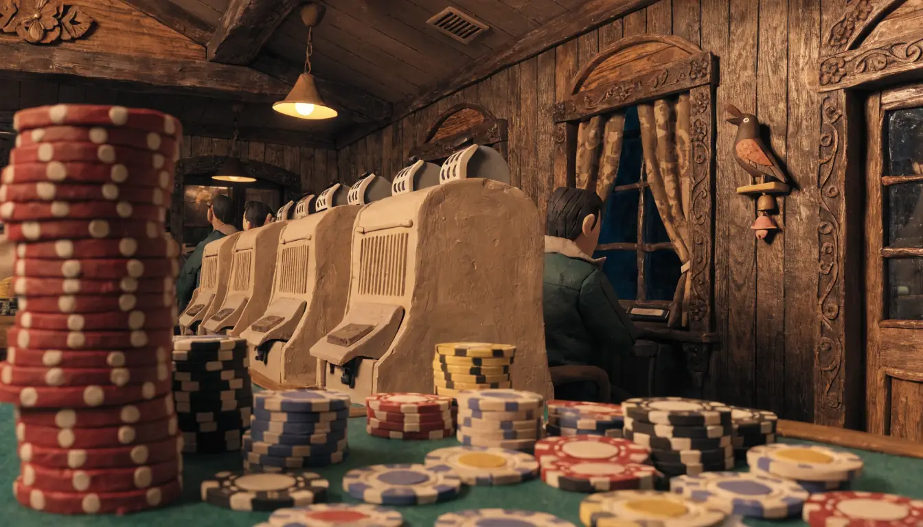 Warm beleuchtete österreichische Spielhalle mit Holzvertäfelung, Spielautomaten und Casino-Chips auf Tisch.