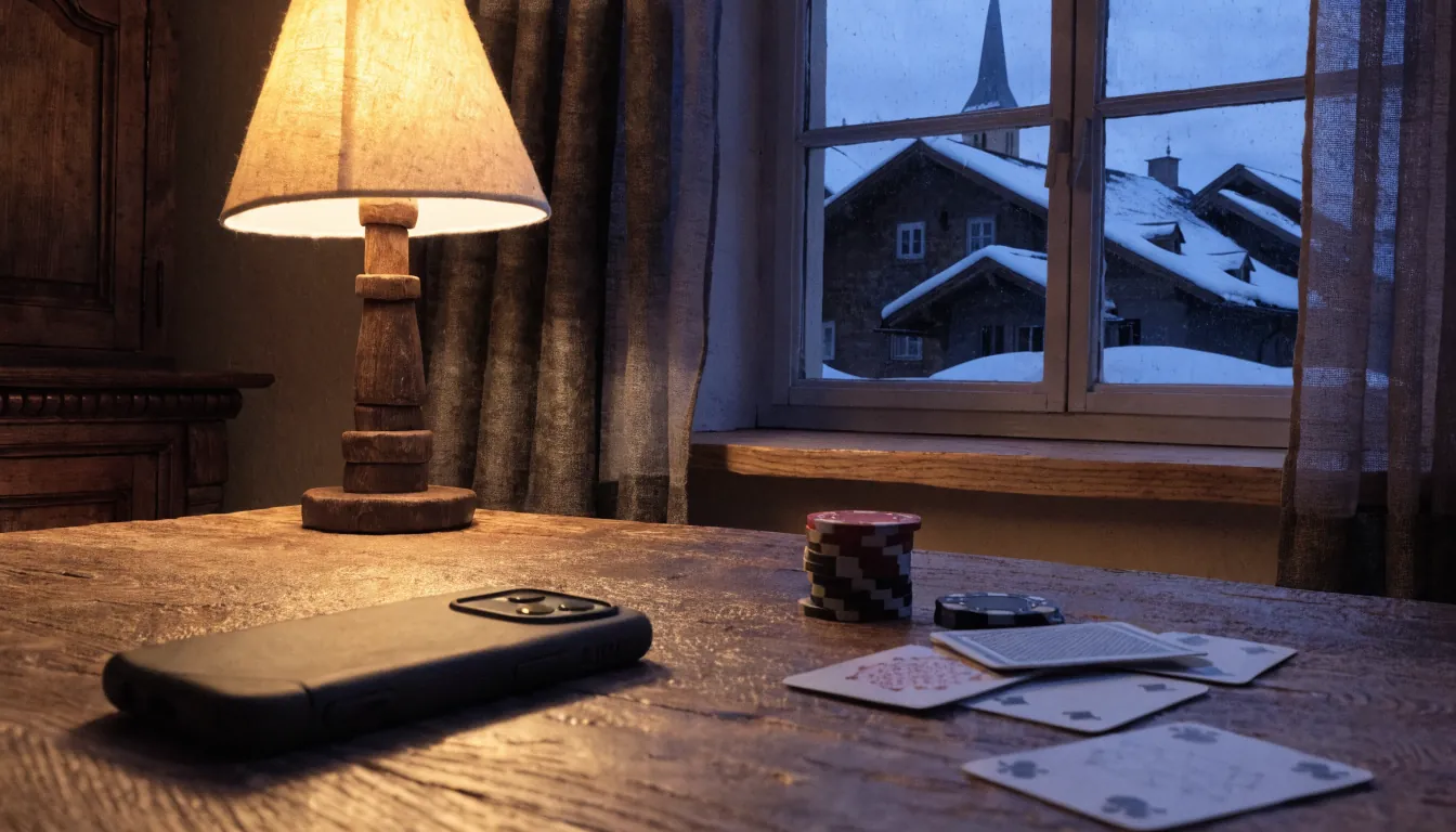 Gemütliches österreichisches Chalet bei Dämmerung mit Smartphone und Spielchips auf einem Holztisch