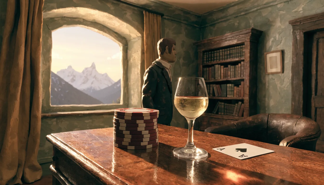 Elegantes Wiener Zimmer mit Casino-Chips, Weinglas und Alpenblick durch ein Bogenfenster bei Sonnenuntergang.