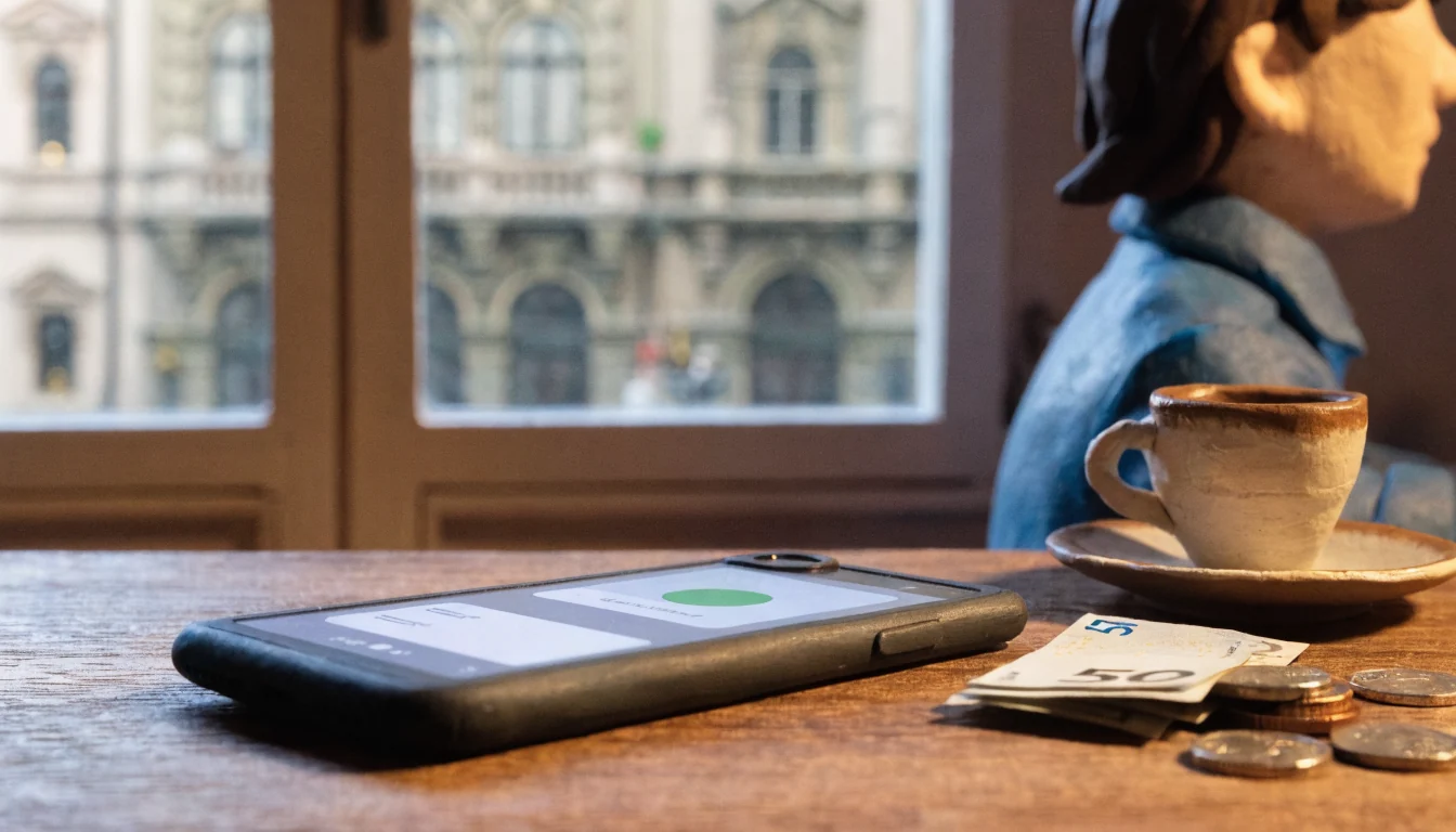 Smartphone mit Wallet-App auf einem Wiener Kafeehaustisch neben Euro-Geldscheinen.