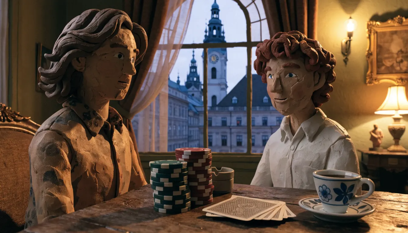Abendliche Wiener Wohnung mit Spielchips, Karten und Espresso, historische Architektur hinter dem Fenster