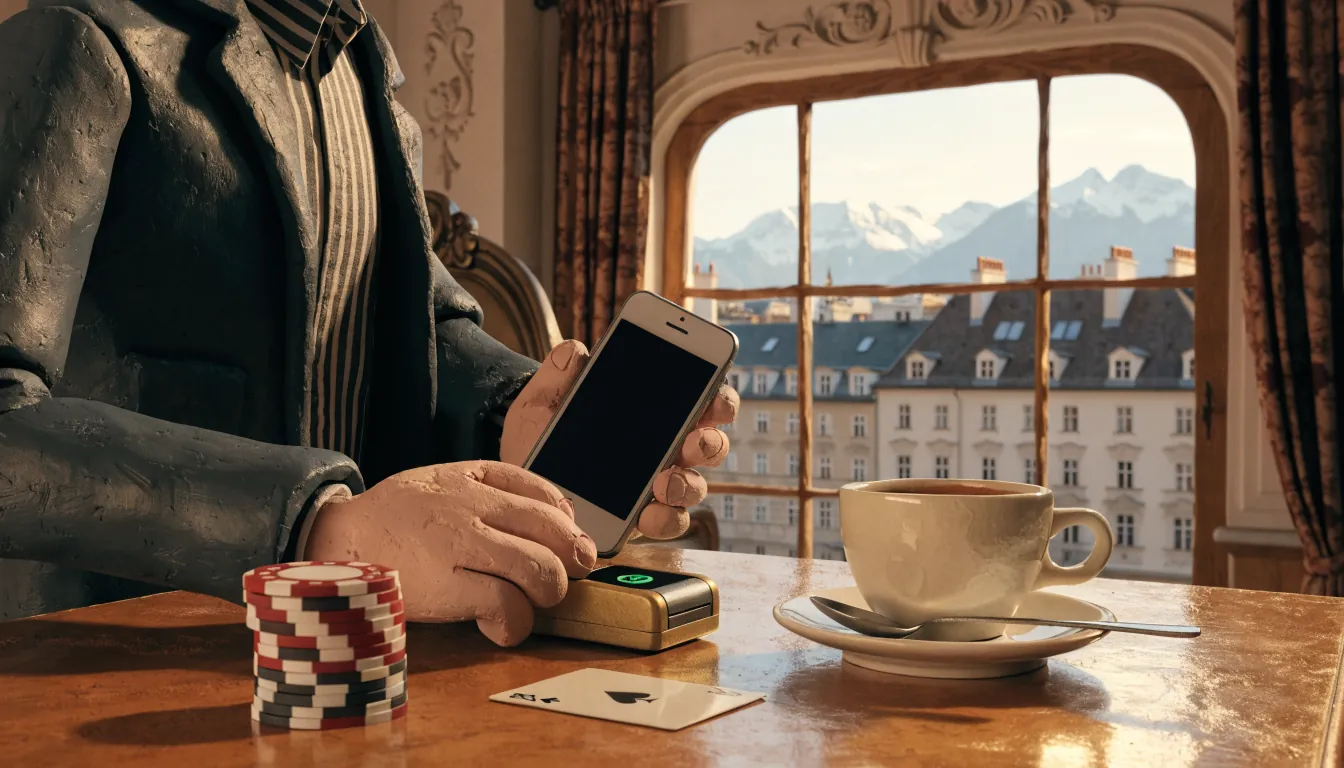 Person mit iPhone und Apple Pay in einem Wiener Kaffeehaus, Spielchips und Alpenblick im Hintergrund.
