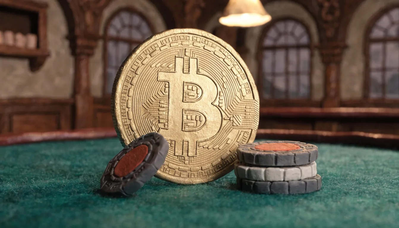 Bitcoin-Münze auf einem Casino-Tisch mit Spielchips in österreichischem Ambiente.