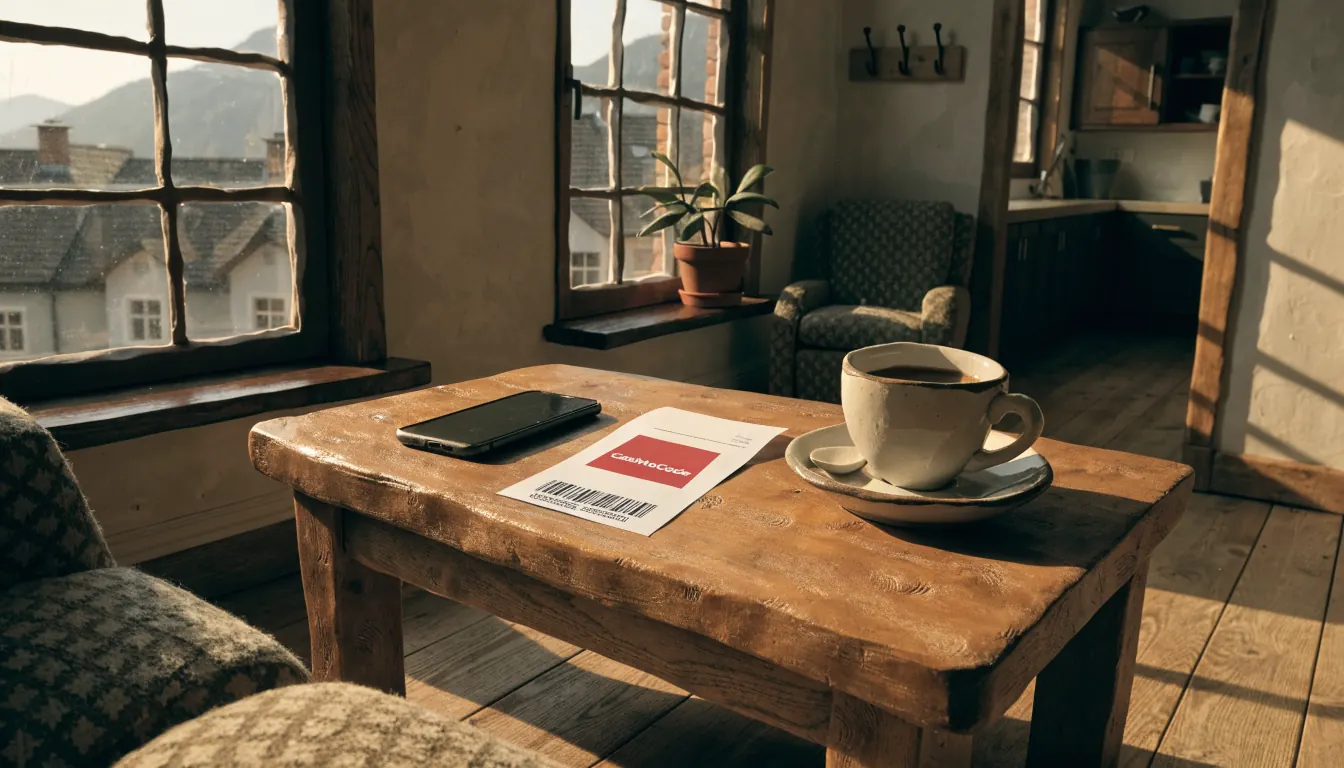 Smartphone und CashtoCode-Gutschein auf einem Couchtisch in einer österreichischen Wohnung.