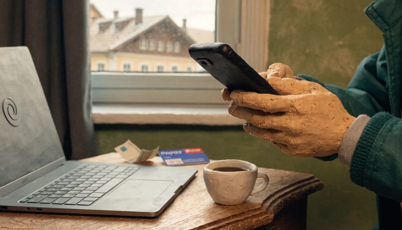 Smartphone und Laptop auf einem Schreibtisch mit ecoPayz-Karte und Euro-Schein