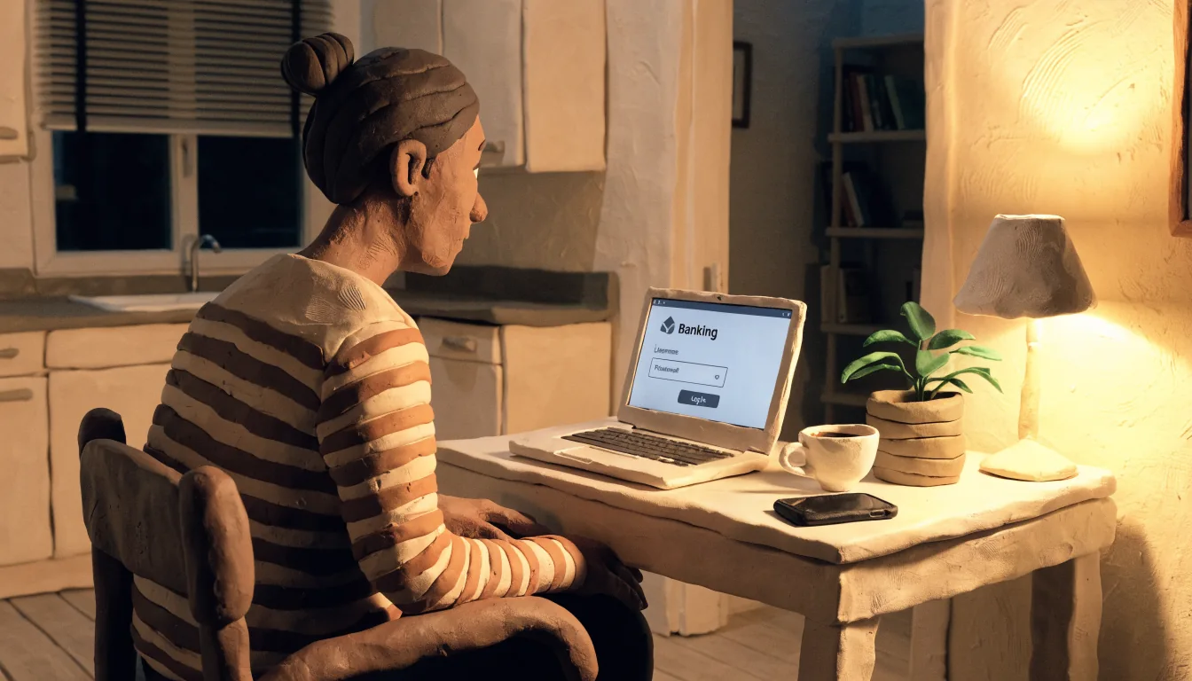 Abendliche Szene in einer modernen Wohnung in Österreich mit Smartphone und Laptop neben einer Kaffeetasse.