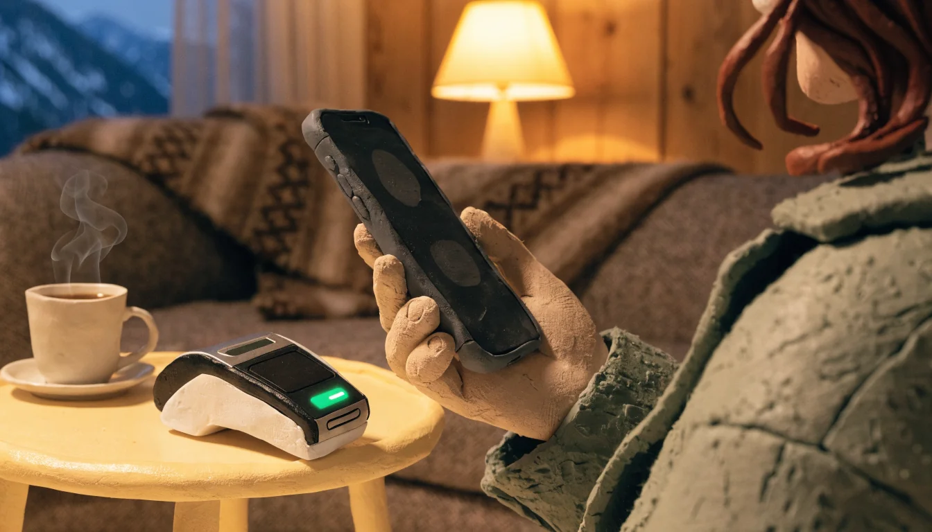 Person mit Smartphone und kontaktlosem Bezahlterminal in gemütlichem österreichischem Wohnzimmer