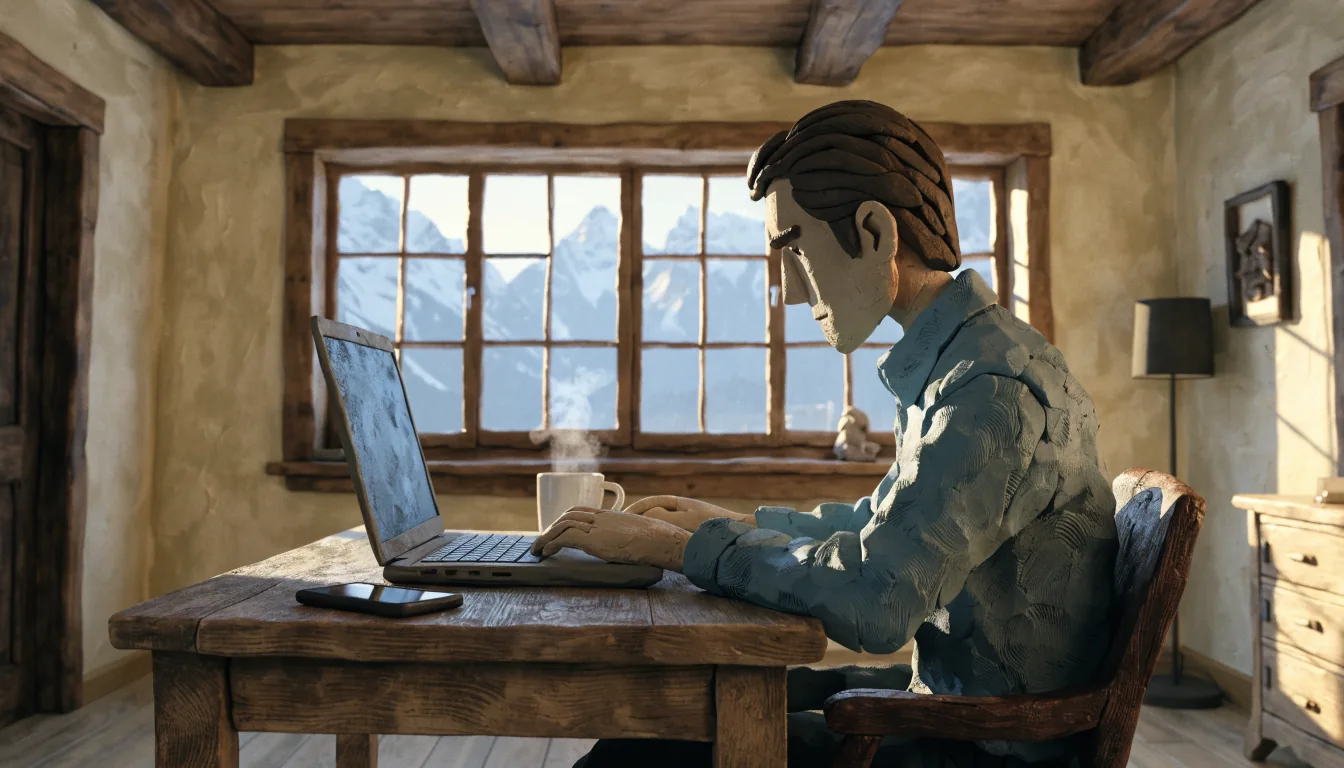 Junger Mann am Laptop in österreichischer Wohnung mit Holzdecke und Alpenblick durch das Fenster