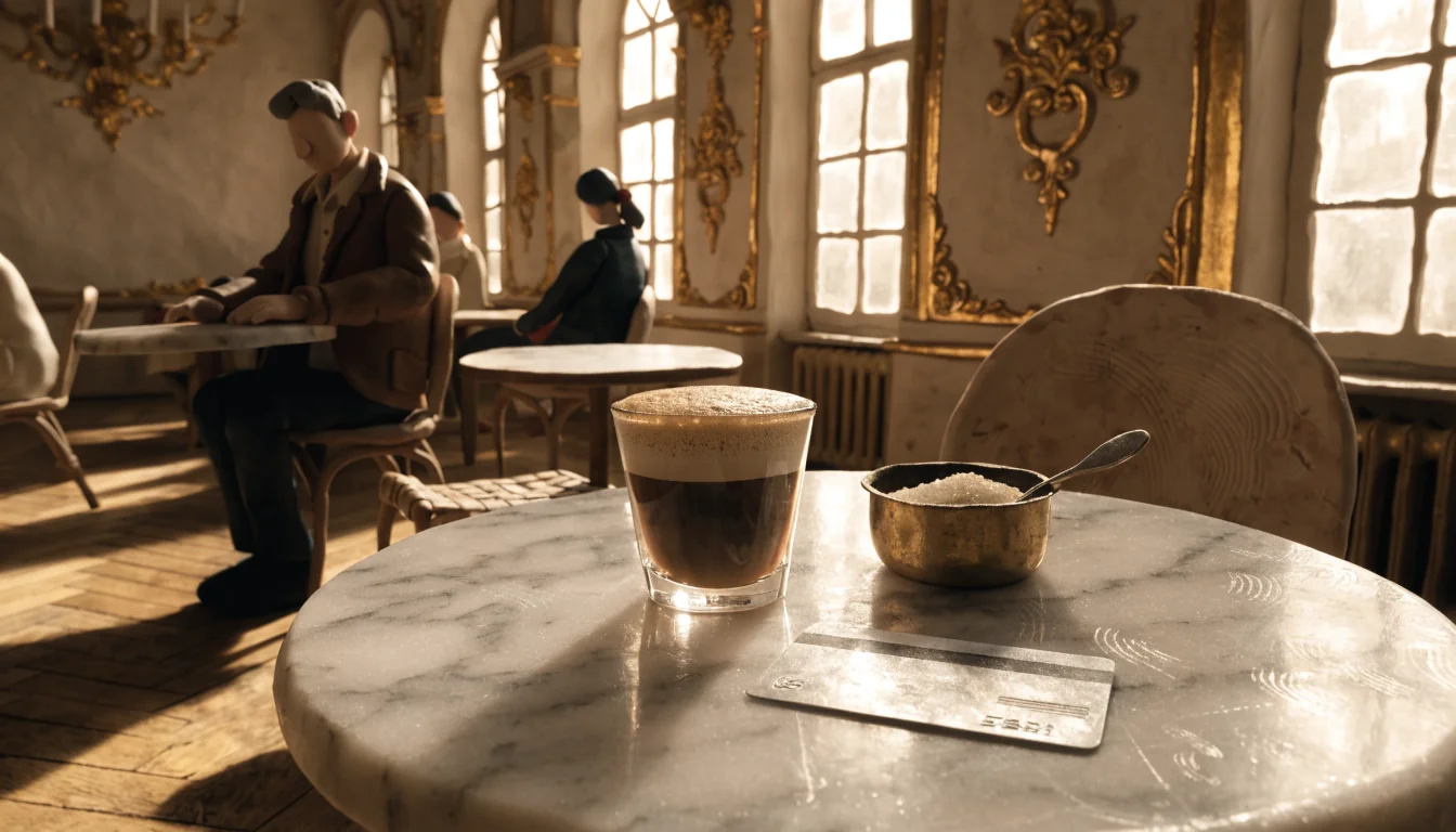 Kreditkarte auf einem Marmortisch im Wiener Kaffeehaus mit österreichischem Interieur und warmem Sonnenlicht.