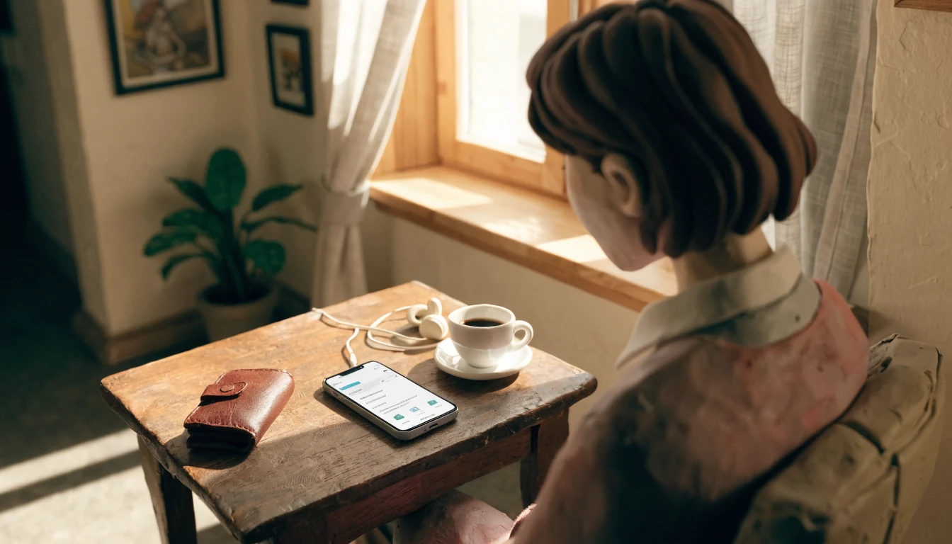 Person in einer Wiener Wohnung, der mit dem Smartphone Online-Banking nutzt.