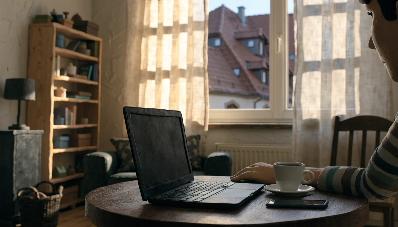 Modernes österreichisches Wohnzimmer mit Laptop, Handy und Kaffee auf Holztisch