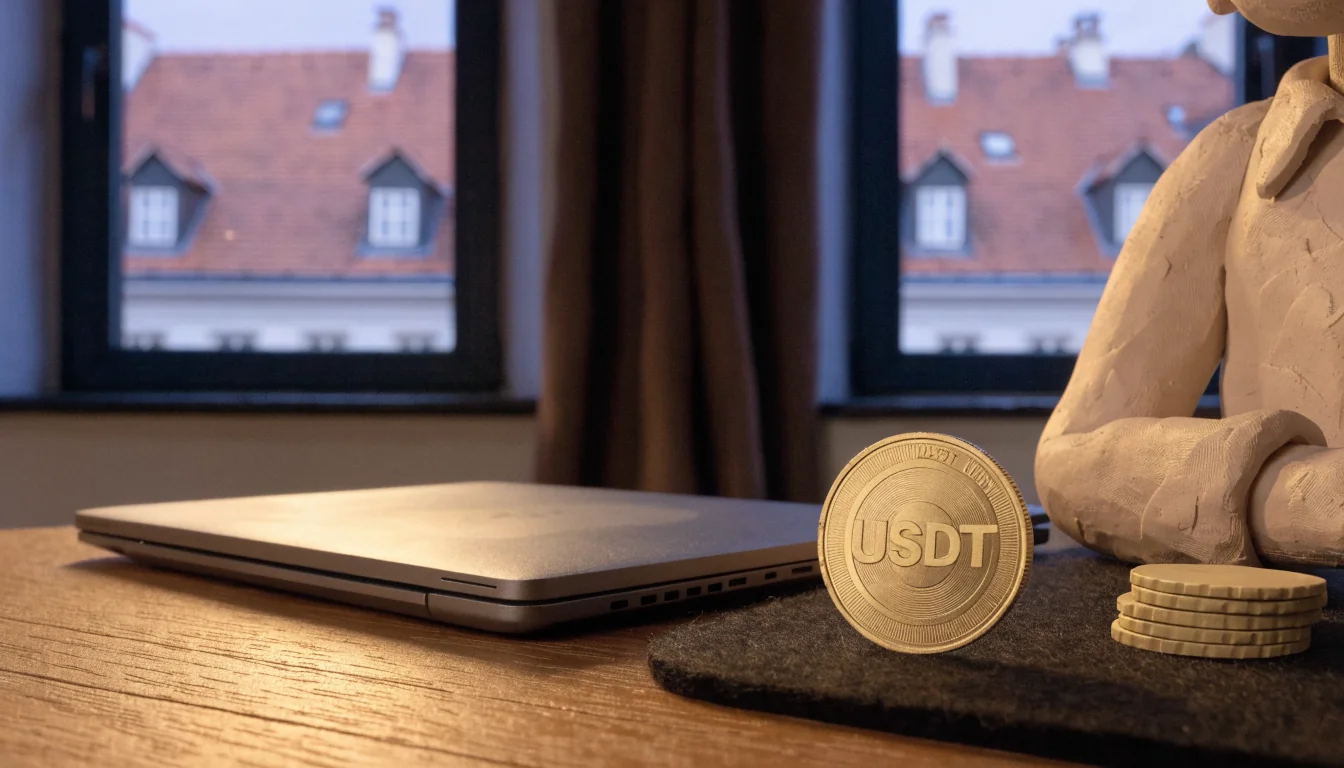Goldene Tether-Münze auf Spieltisch mit Chips in Wiener Wohnung