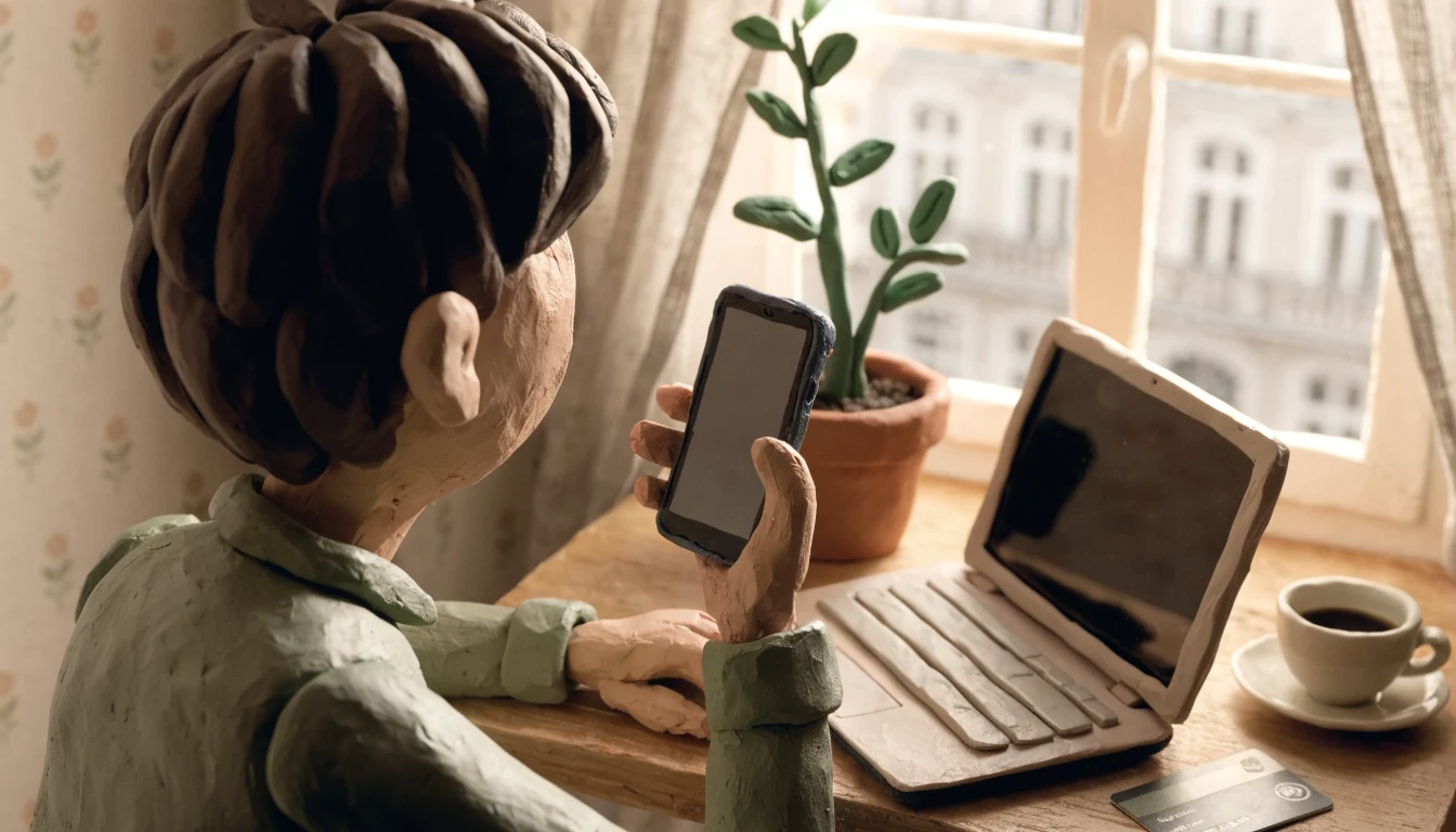 Person prüft Smartphone am Schreibtisch in einer hellen Wohnung in Österreich