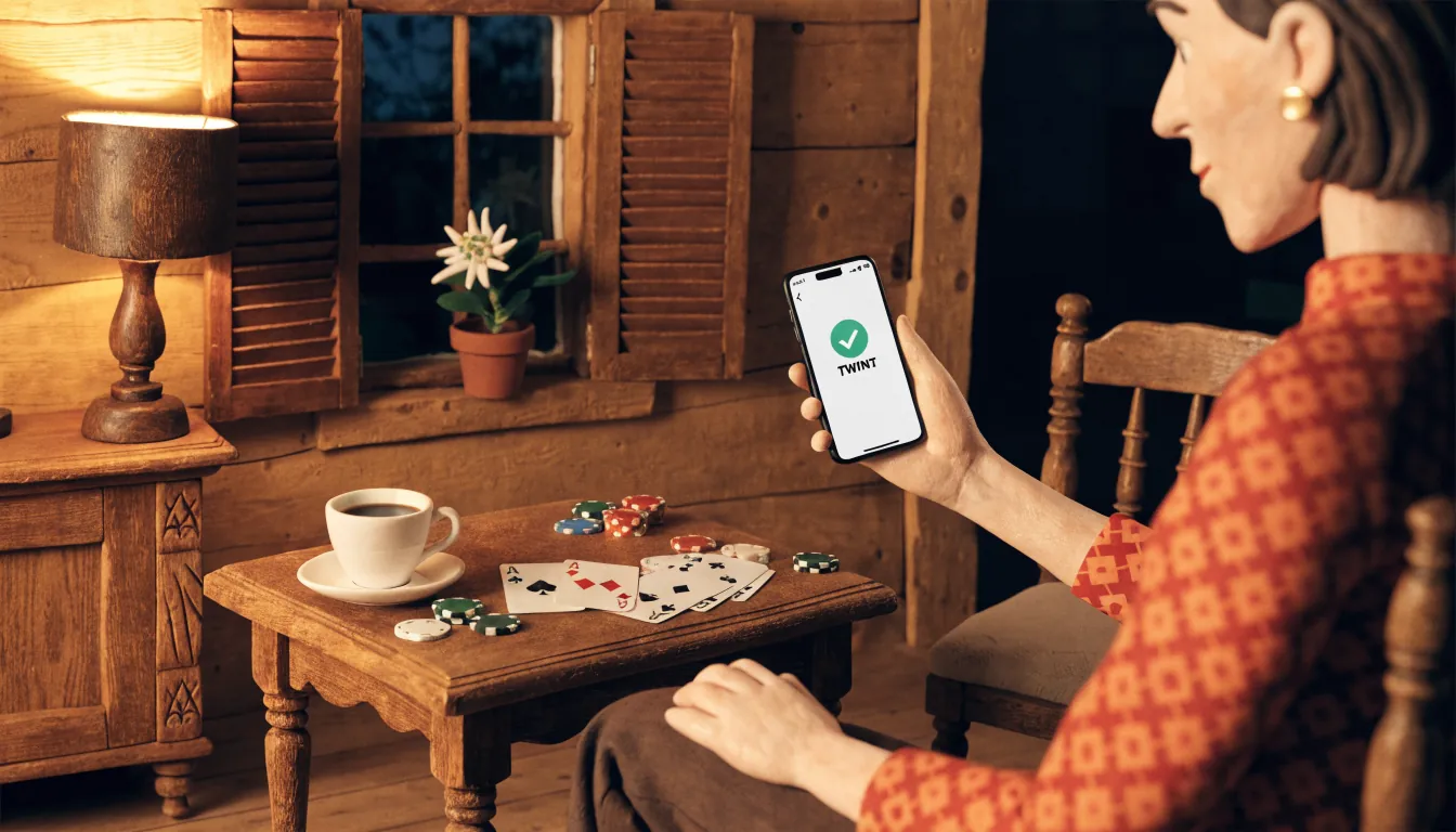 Smartphone mit TWINT-App, Casino-Chips und Karten auf einem Tisch in einer österreichischen Wohnung.