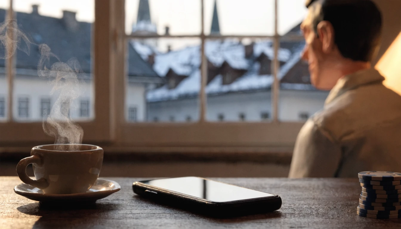 Smartphone auf Holztisch in österreichischem Café mit Casino-Chips und Alpenblick