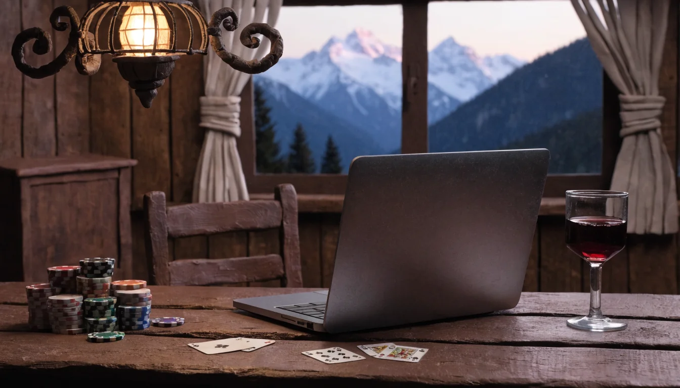 Geschlossener Laptop auf Holztisch im österreichischen Chalet mit Spielchips und Karten