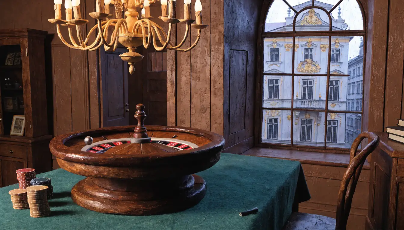 Elegantes österreichisches Spielzimmer mit Roulette-Rad und Jetons unter warmem Kronleuchter