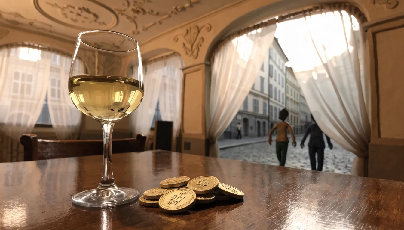 Goldene Bitcoin-Cash-Münzen auf einem Holztisch in einem Wiener Kaffeehaus.