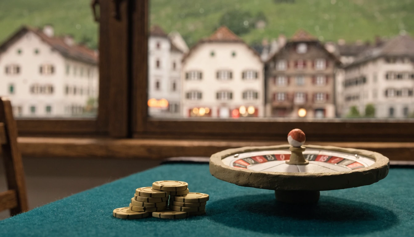 Goldene Casino-Chips neben einem Roulettekeld auf grünem Filz, alpenländisches Flair im Hintergrund.