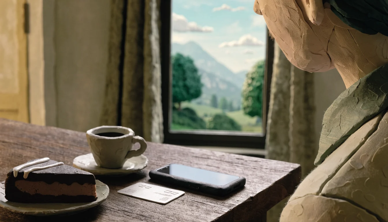 Smartphone und Bankkarte auf Holztisch mit Blick auf Alpen, Kaffee und Sachertorte in österreichischer Wohnung