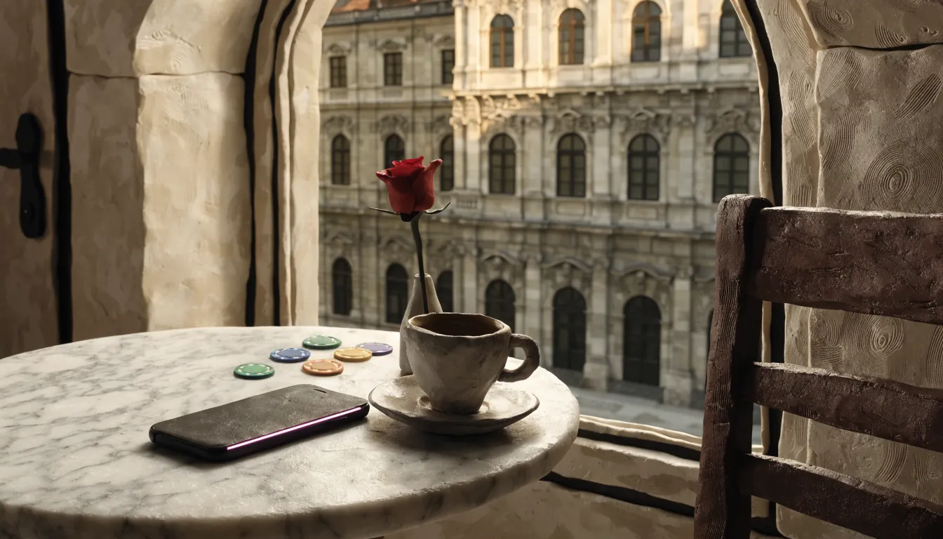 Smartphone mit Magenta-Licht auf Wiener Cafétisch, Spielchips und barocke Architektur im Fenster.