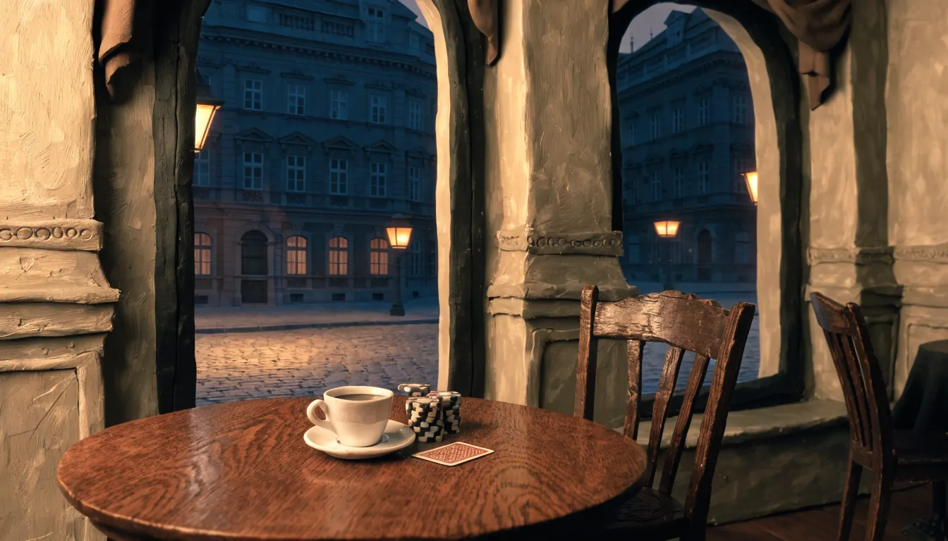 Wiener Kaffeehaus mit Spielchips und Spielkarte auf einem Holztisch bei Abendlicht.