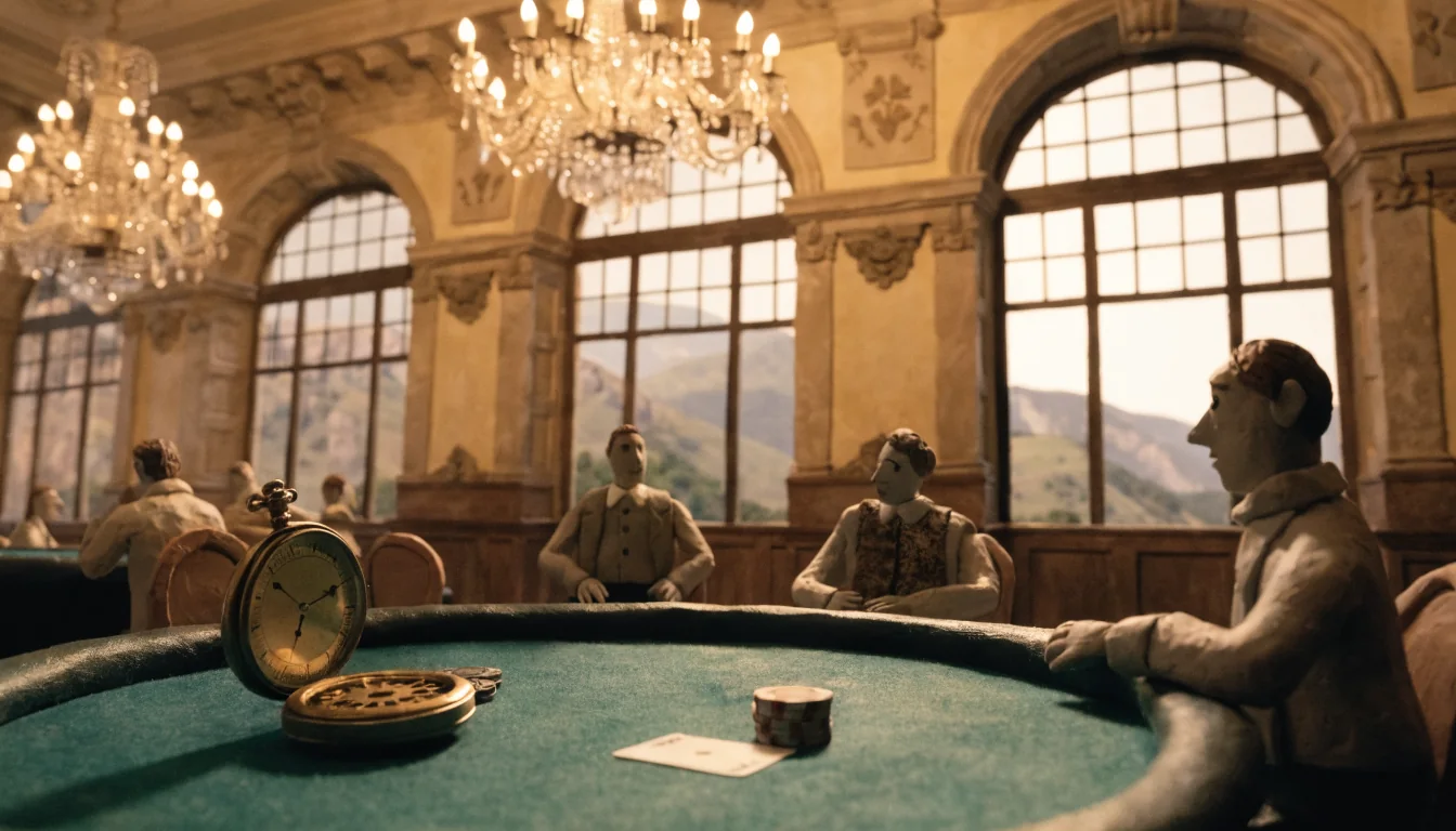 Elegantes österreichisches Casino mit Barock-Architektur, offene Taschenuhr und Chips auf dem Spieltisch