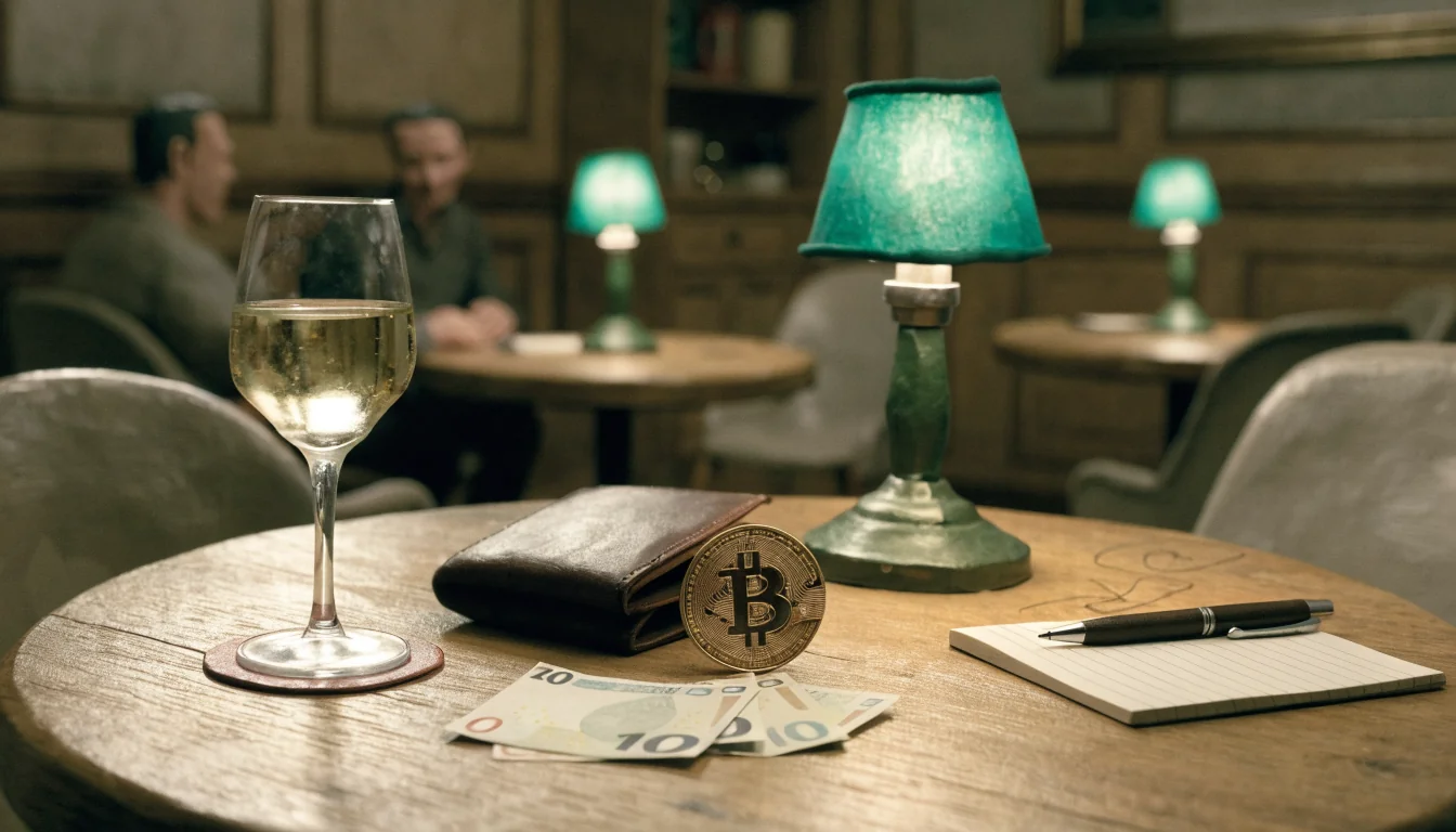 Bitcoin-Münze und Euro-Scheine auf einem Wiener Kaffeehaustisch