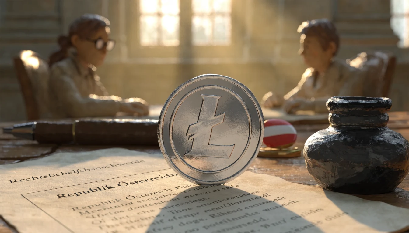 Silberne Litecoin-Münze auf österreichischem Dokument mit Stift und kleiner Flagge auf Schreibtisch.