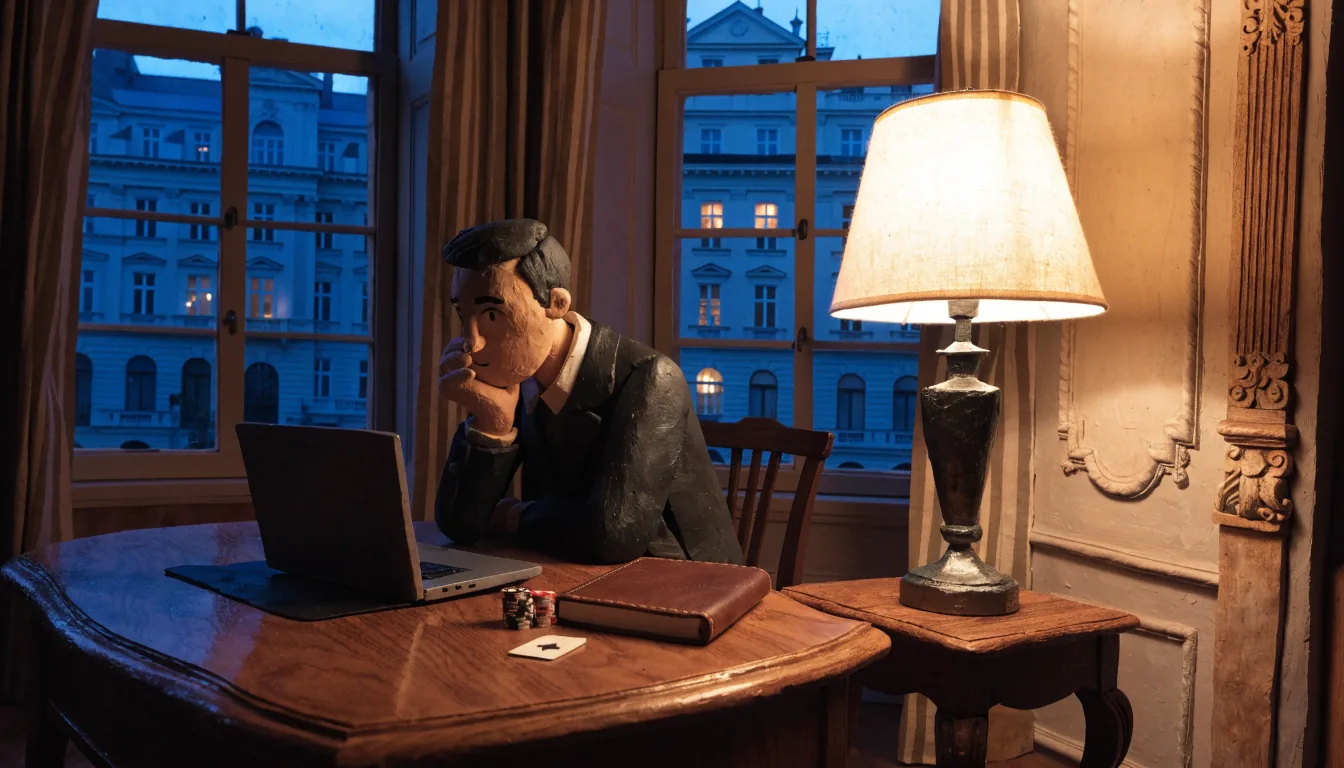 Elegante Wiener Wohnung in Abenddämmerung mit Spielchips und Laptop auf Schreibtisch, österreichische Altbaufassade im Hintergrund.