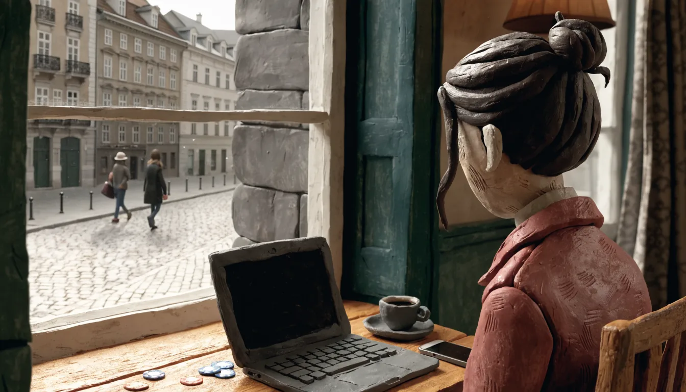 Laptop auf einem Wiener Kaffeetisch mit Pokerchips und Kaffeetasse