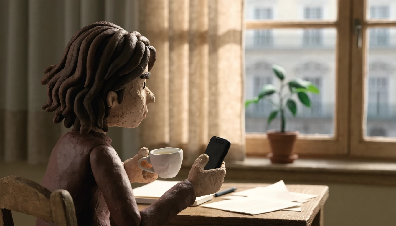Nachdenklicher junger Erwachsener mit Smartphone in heller Wiener Wohnung, Kaffeetasse in der Hand.