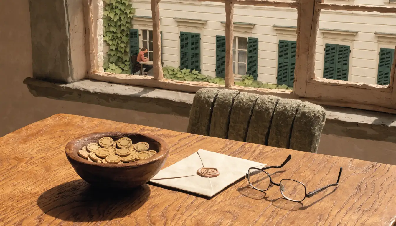 Goldene Casino-Chips in einer Holzschale auf einem Tisch in Wien.