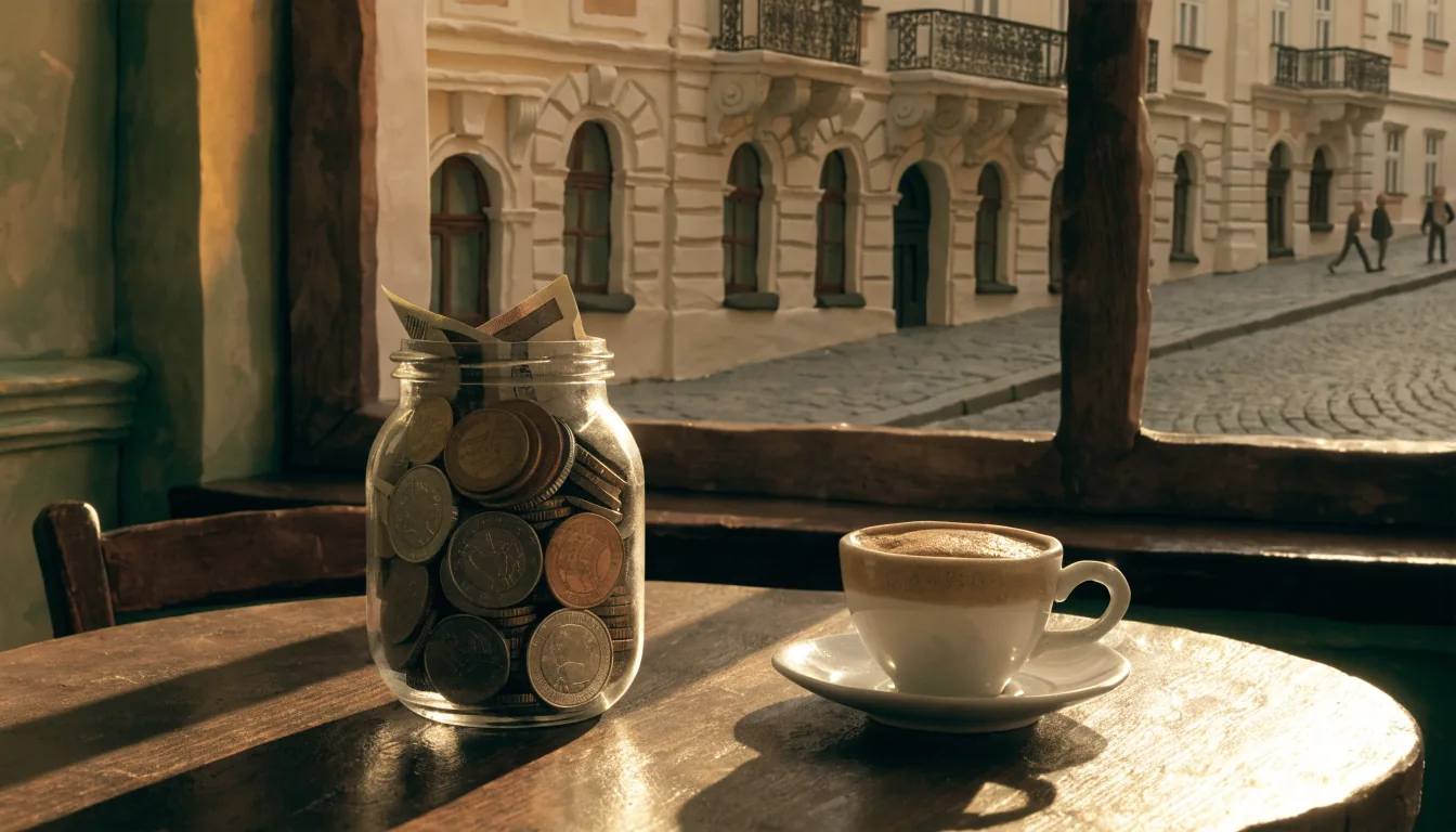 Glas mit Euro-Münzen und Geldscheinen auf einem Holztisch in einem Wiener Kaffeehaus