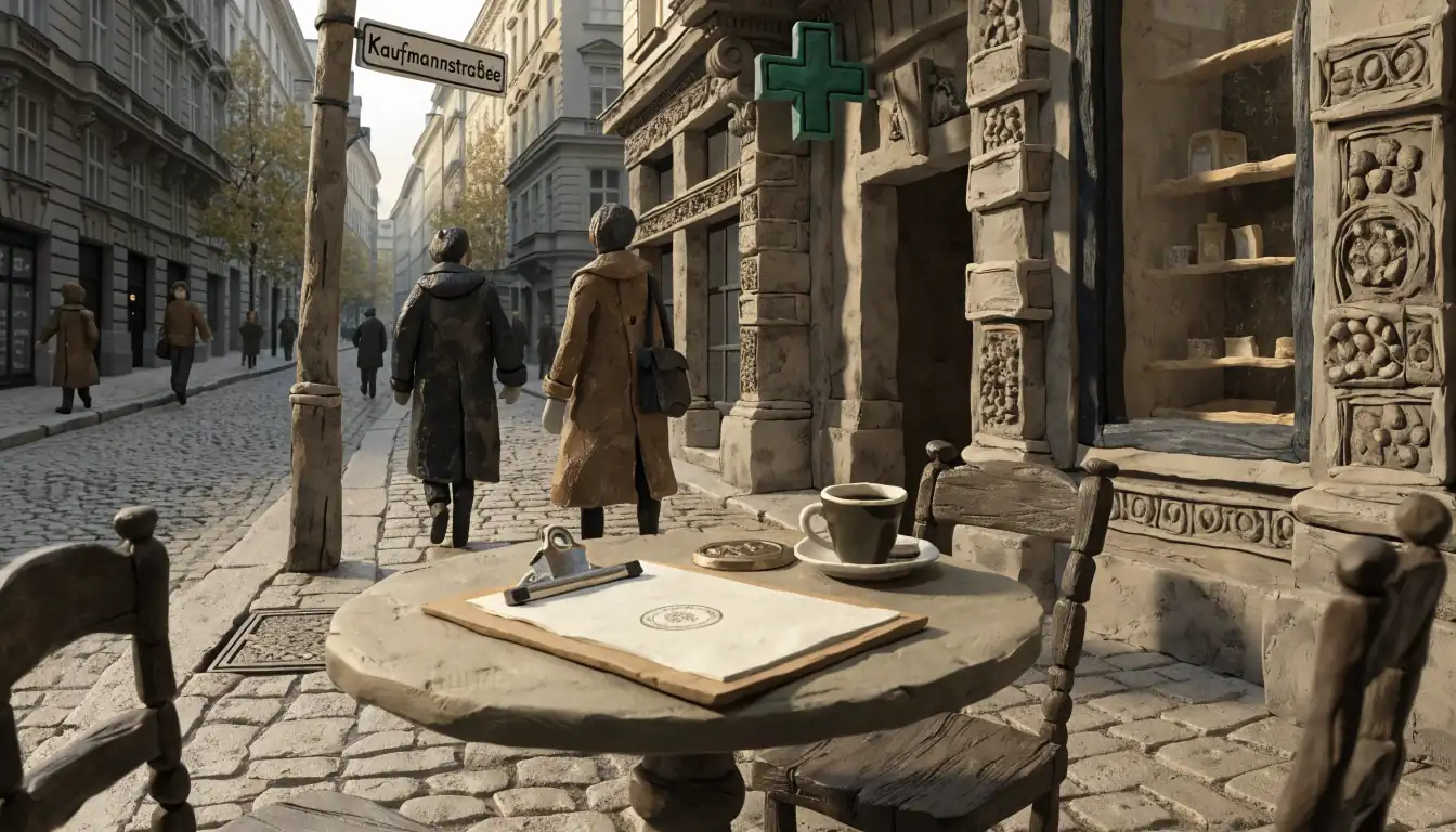 Wiener Straßenszene mit juristischem Dokument und Kaffee auf einem Tisch.