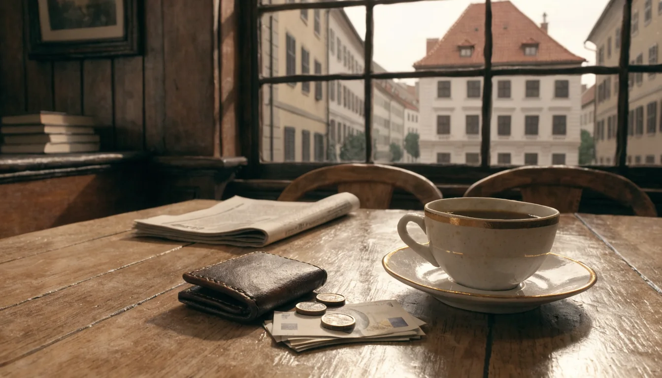 Wiener Café-Tisch mit Euro-Banknoten, Kaffeetasse und Blick auf österreichische Altstadt durch das Fenster.