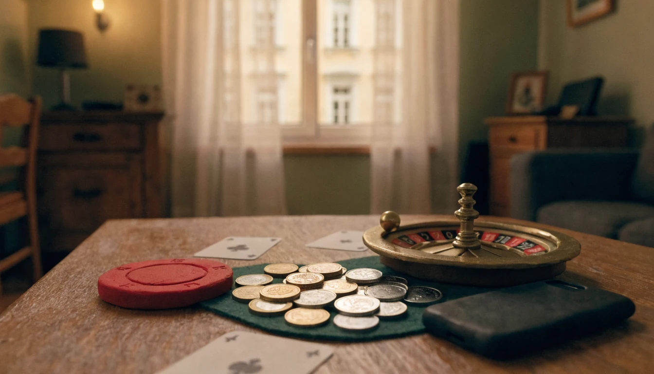 Euro-Münzen und Casino-Chip auf einem Wiener Wohnzimmertisch