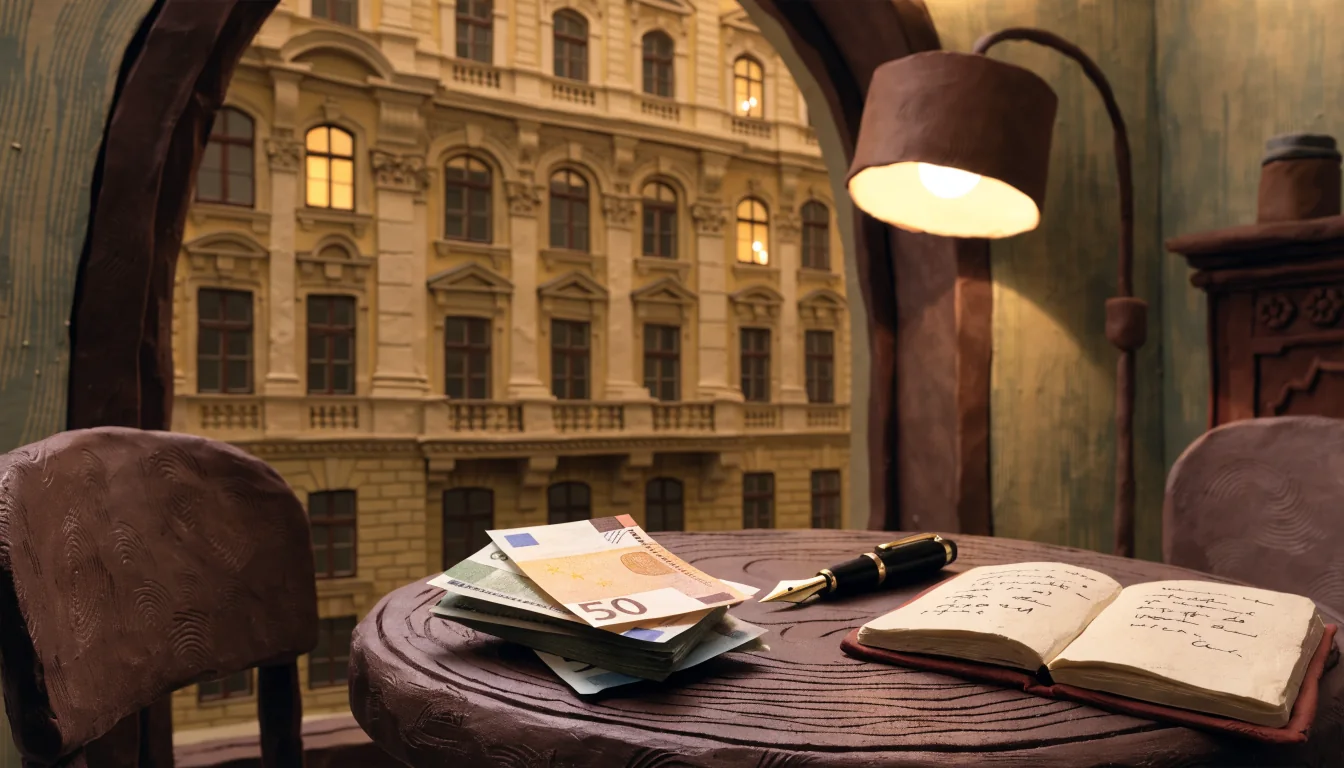 Wiener Café bei Abendlicht mit Euro-Banknoten und Notizbuch auf dem Tisch