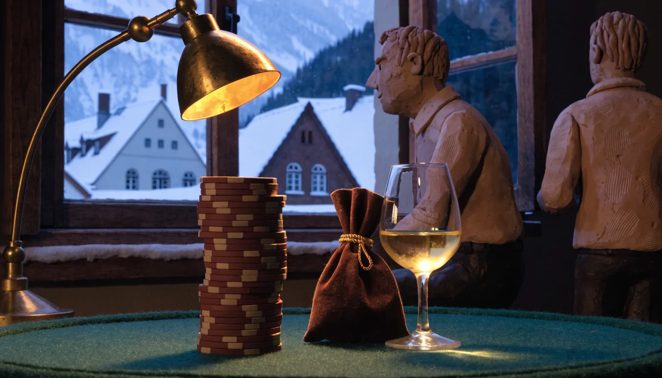 Casino-Chips, österreichischer Wein und Alpenblick bei Dämmerung