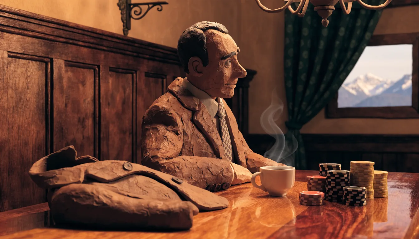 Mann mit Casino-Chips in österreichischem Gasthaus mit Alpenblick