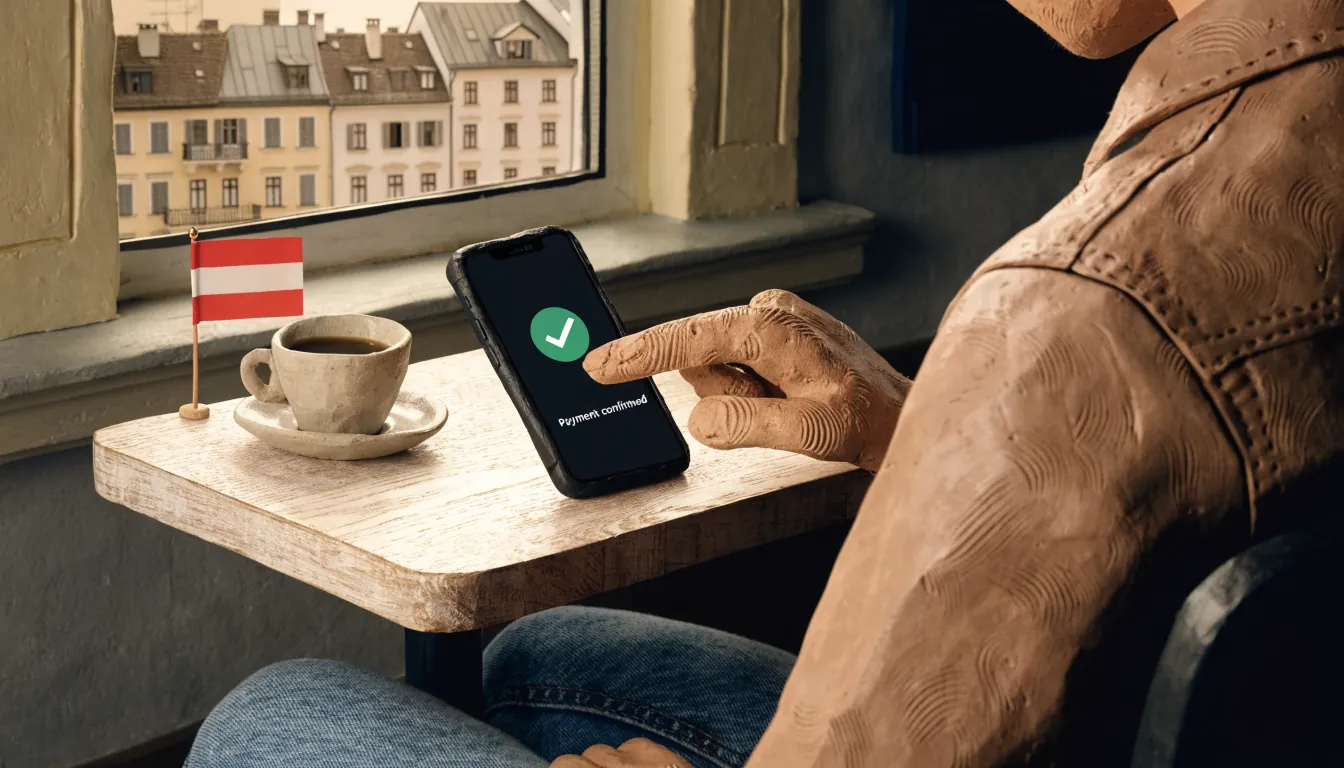Smartphone mit mobiler Zahlung auf einem Tisch in einem österreichischen Café.