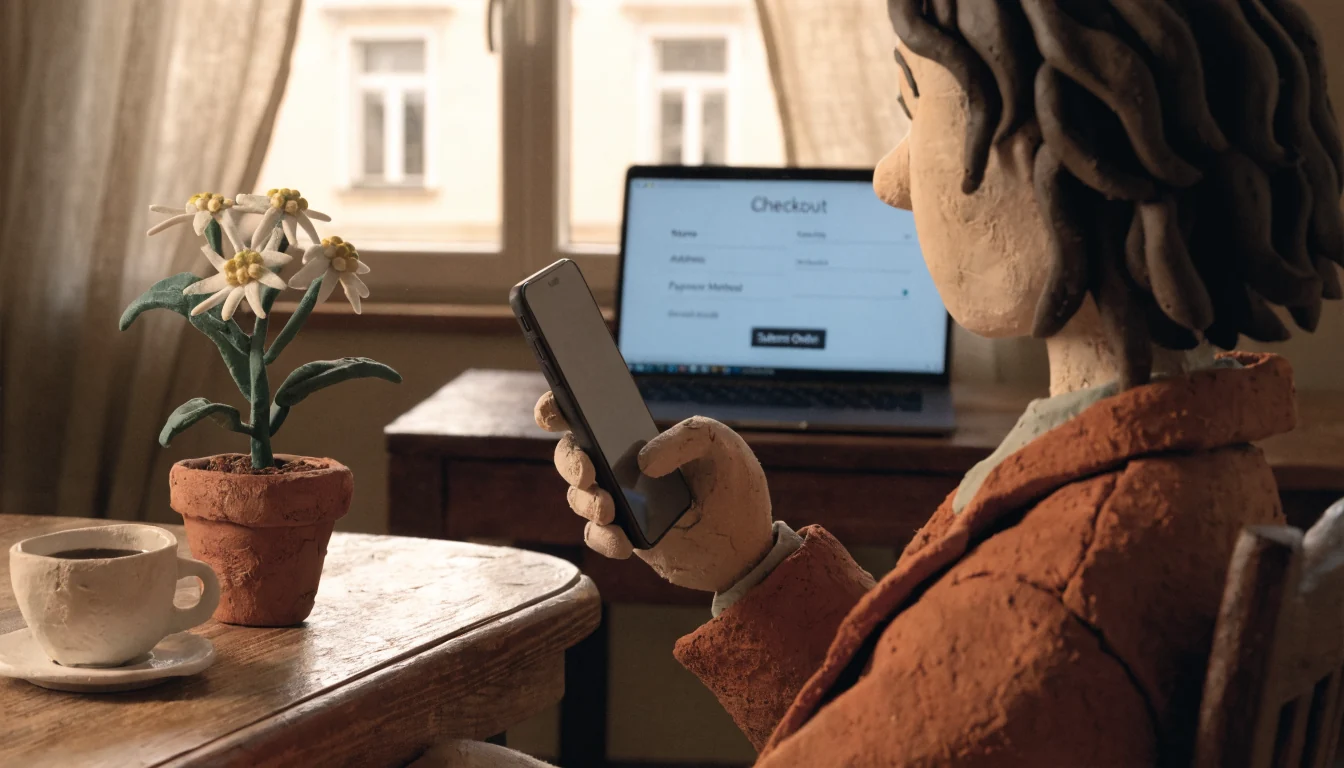 Person in Wiener Wohnung mit Smartphone und Laptop am Tisch