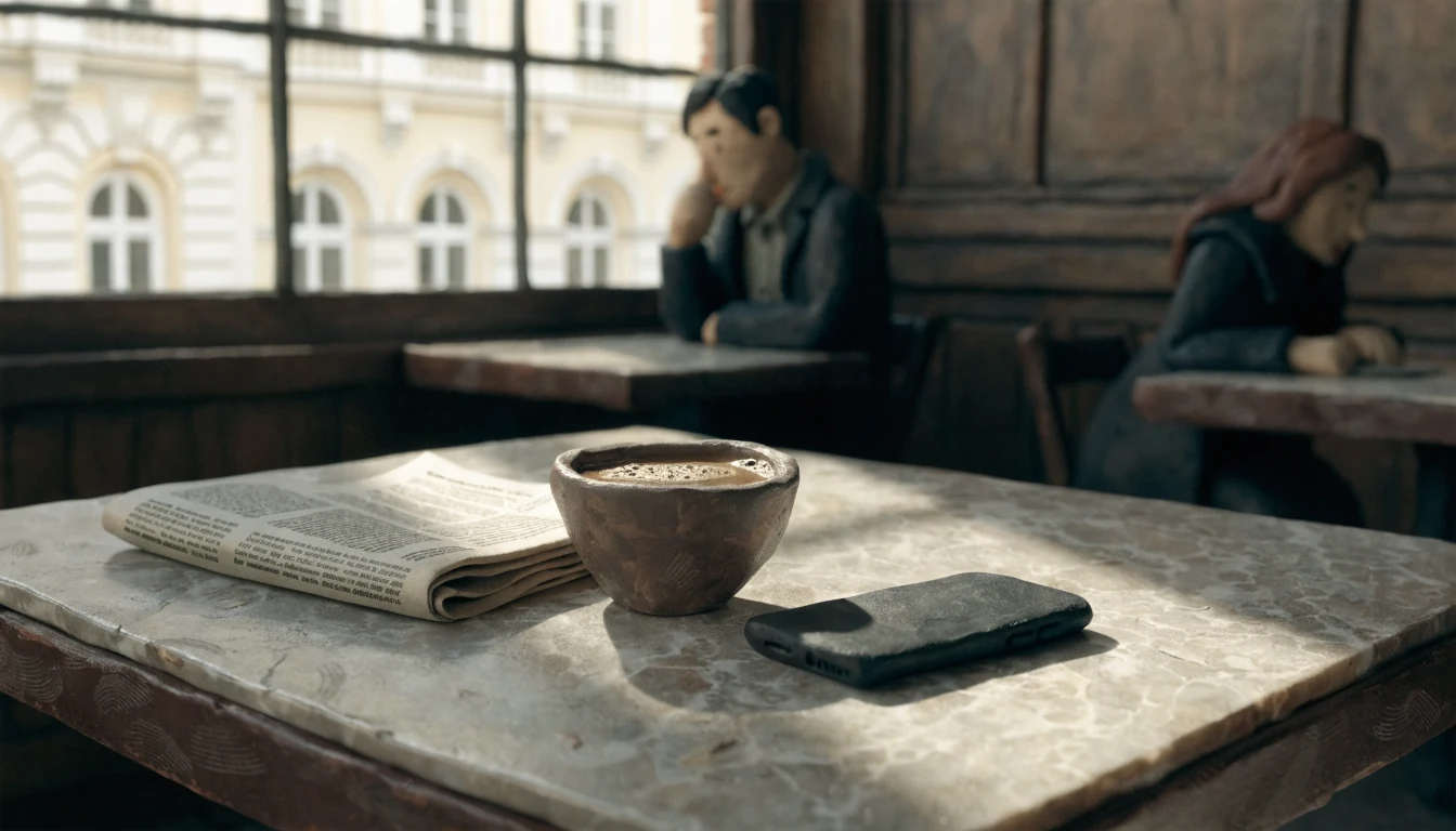 Smartphone mit Bildschirm nach unten auf einem Wiener Kaffehaustisch