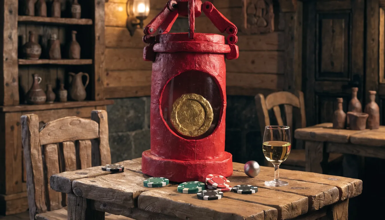 Alpine Gasthaus-Tisch mit Bonus-Krabbe-Kapsel, Casino-Chips und Rouletterad in warmem Abendlicht.