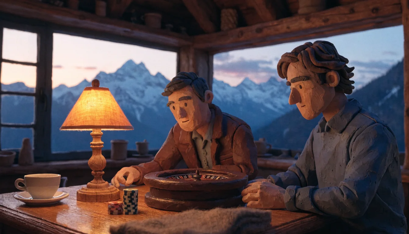 Gemütliche österreichische Alpenhütte mit Spielchips und Roulette-Rad bei Sonnenuntergang