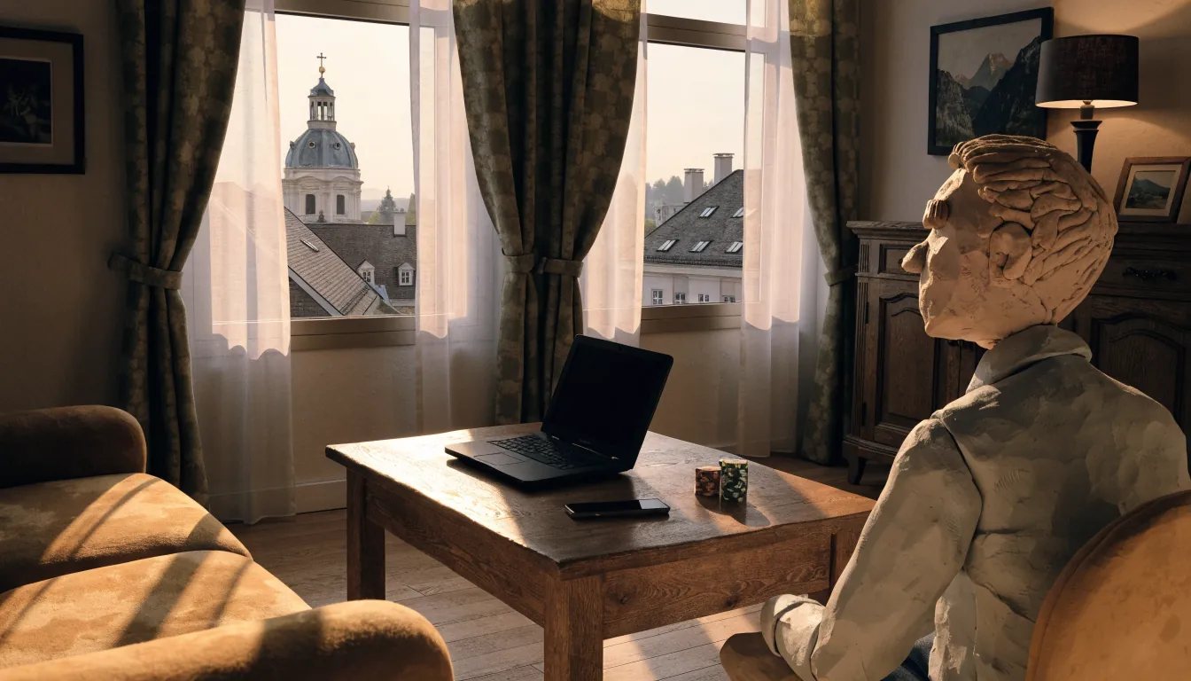Wiener Wohnzimmer mit Smartphone, Laptop und Pokerchips auf Couchtisch bei warmem Sonnenlicht