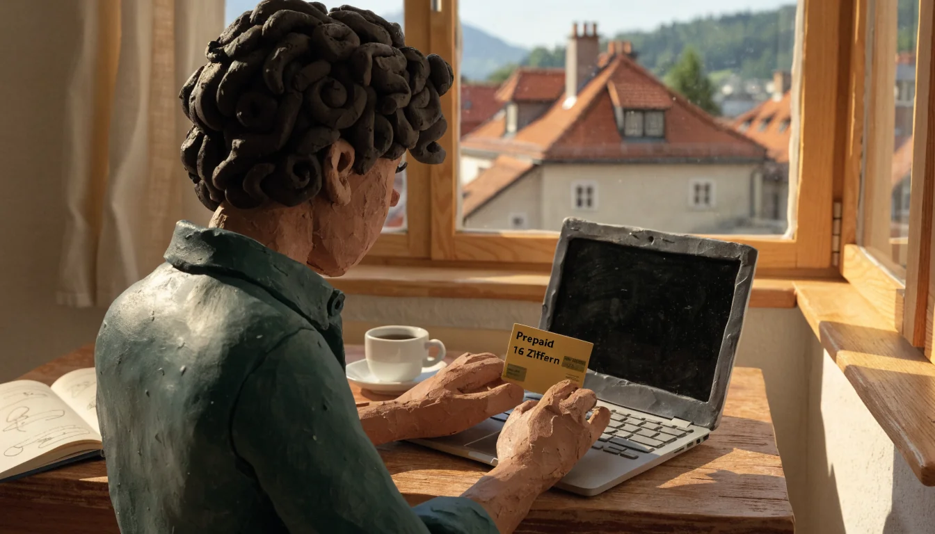 Person in österreichischer Wohnung beim Einlösen eines Prepaid-Gutscheins am Laptop