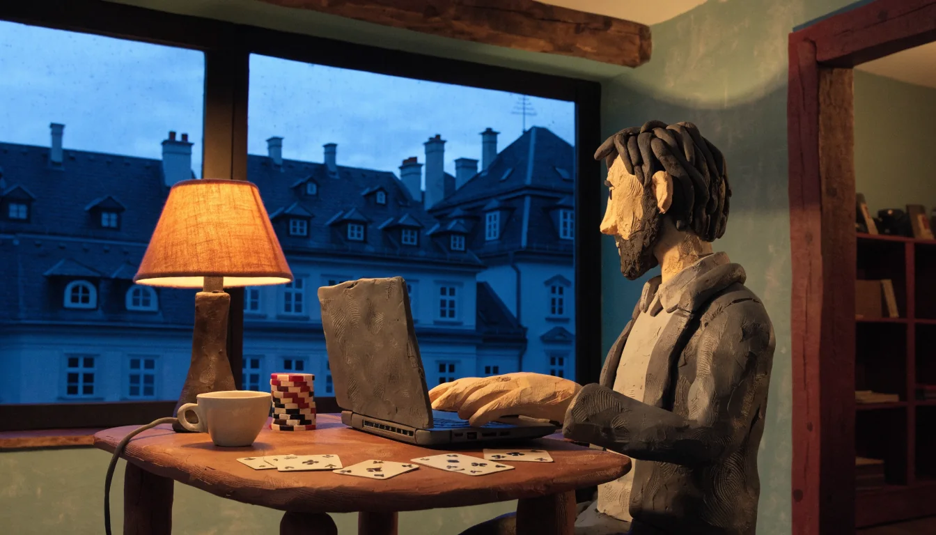 Geschlossener Laptop mit Pokerchips und Spielkarten auf einem Wiener Wohnzimmertisch